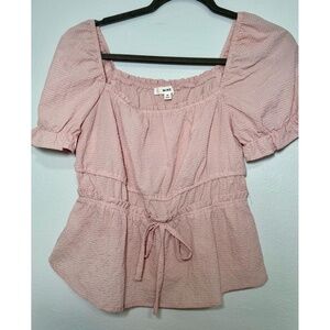 MINE Blouse Womens Size M Pink Peplum Puff Sleeve Square Neck Feminine Trendy